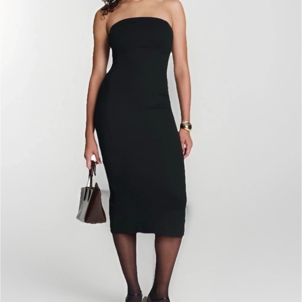 SPANX Ponte Strapless Midi Dress Size Small Black Back Slit 21732R